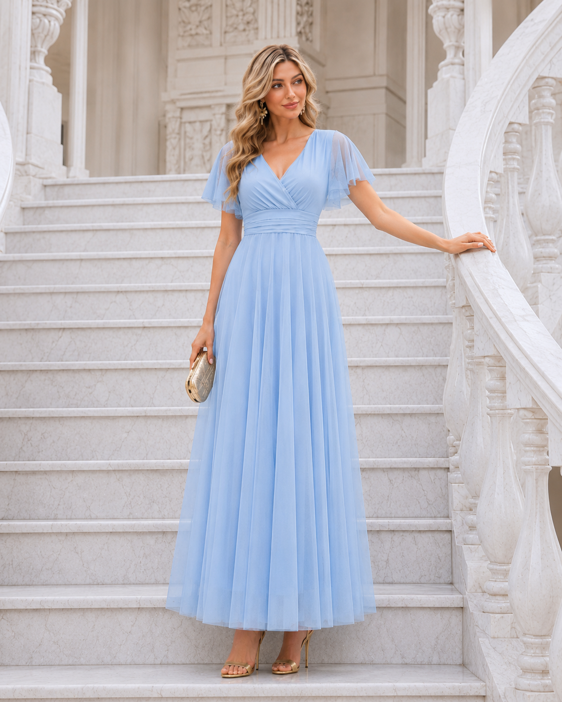 Vestido largo Érika tul Celeste