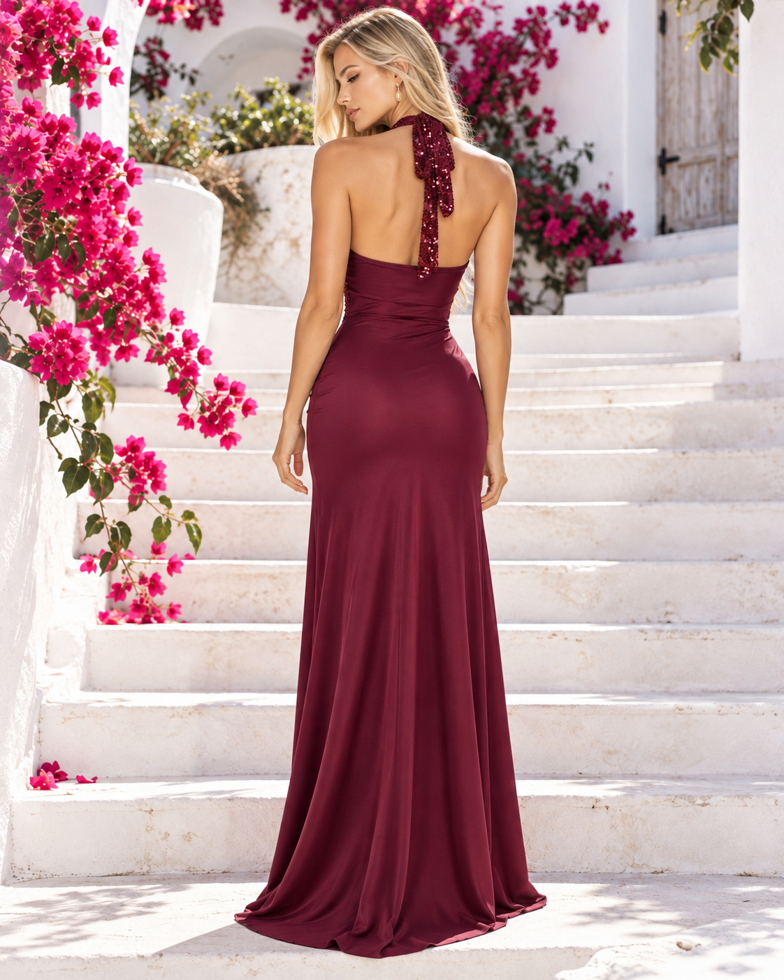 Espalda de vestido largo de fiesta de noche burdeos de corte sirena atado al cuello. SXìA 