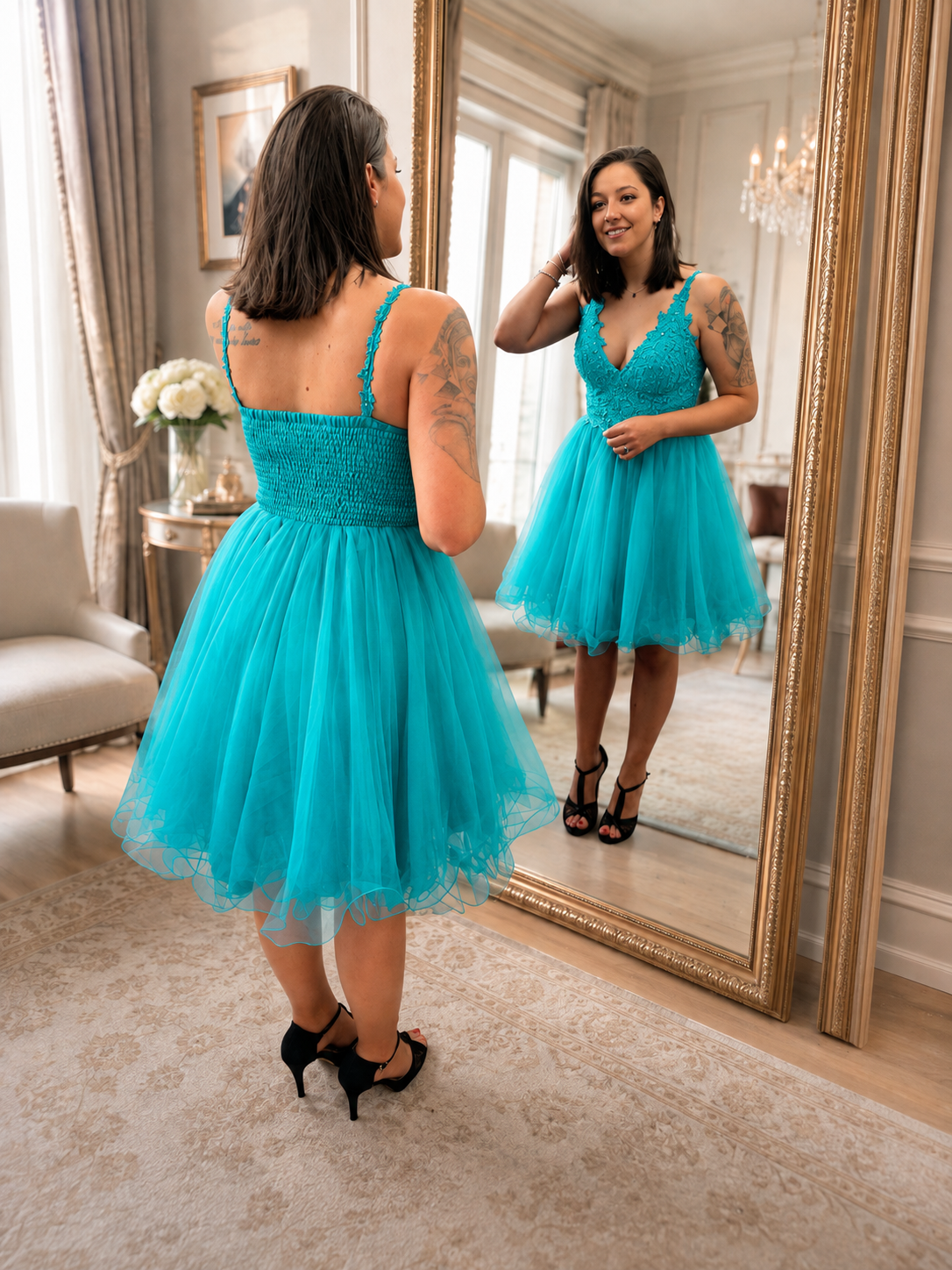 Vestido corto de tul Lluvia Turquesa
