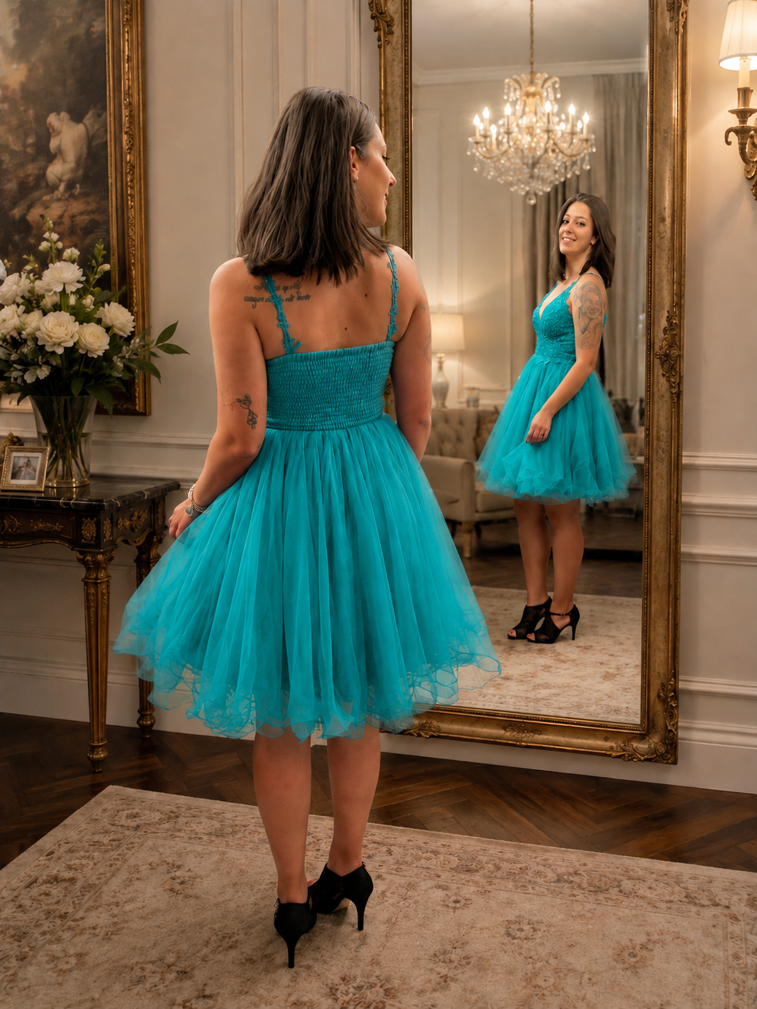 Vestido corto de tul Lluvia Turquesa