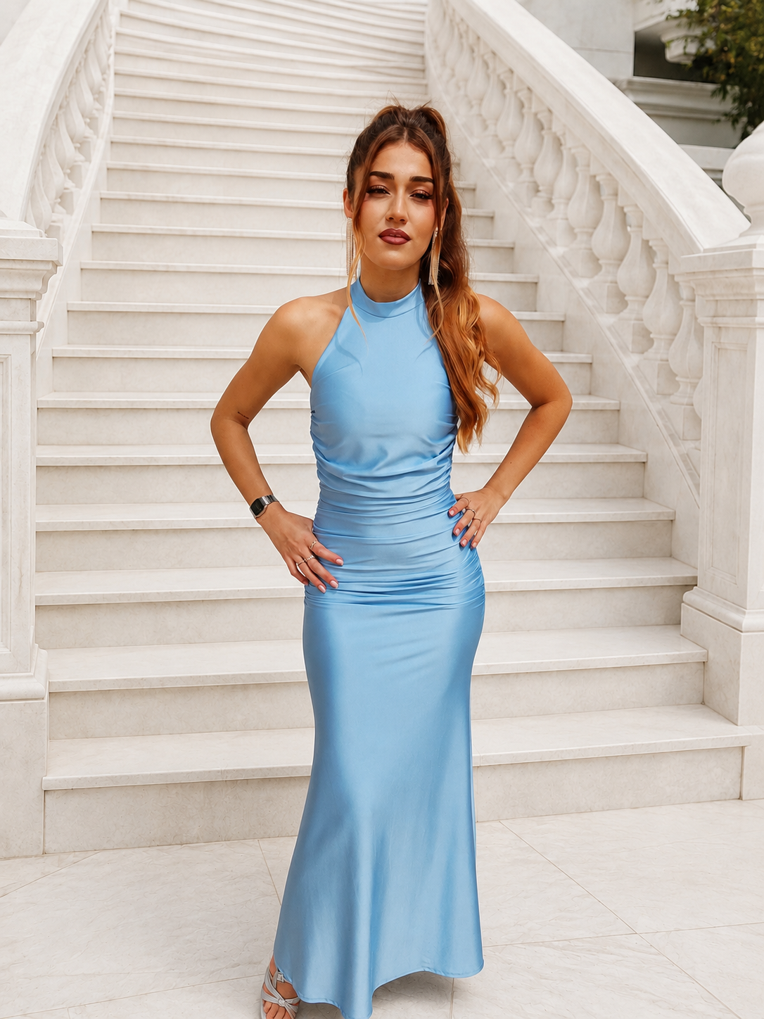 Vestido largo Uxía celeste