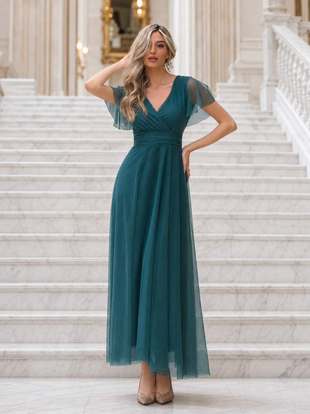 Vestido largo Érika tul Petróleo