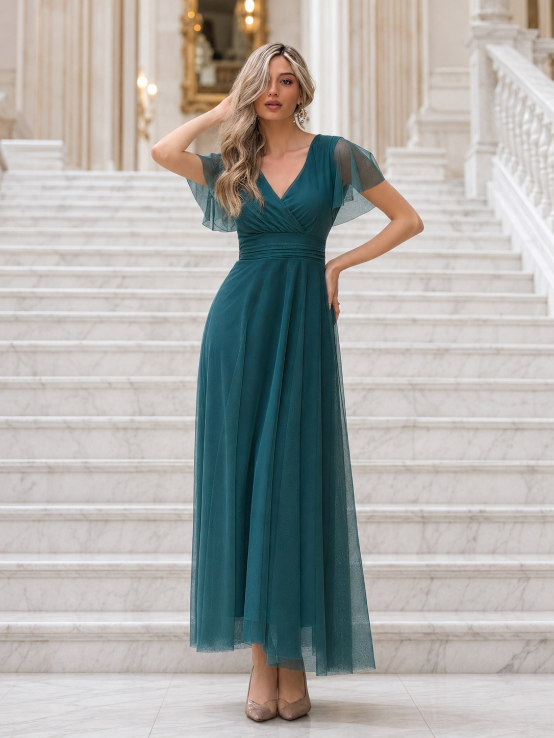 Vestido largo Érika tul Petróleo