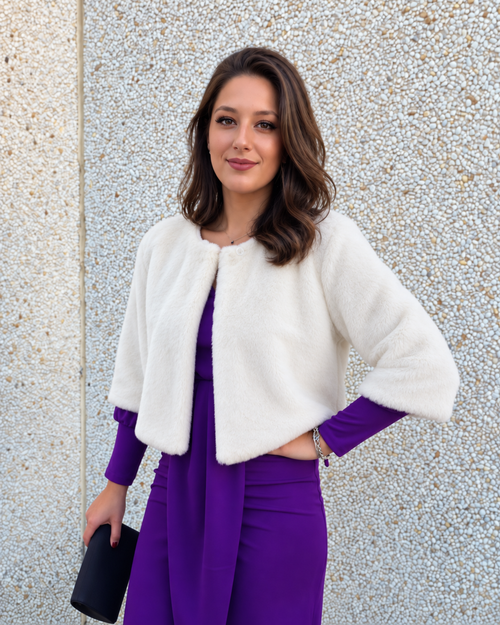 Chaqueta de pelo blanca de corte a la cintura y manga francesa 3/4 elegante sin botones para novias e invitadas SXIA