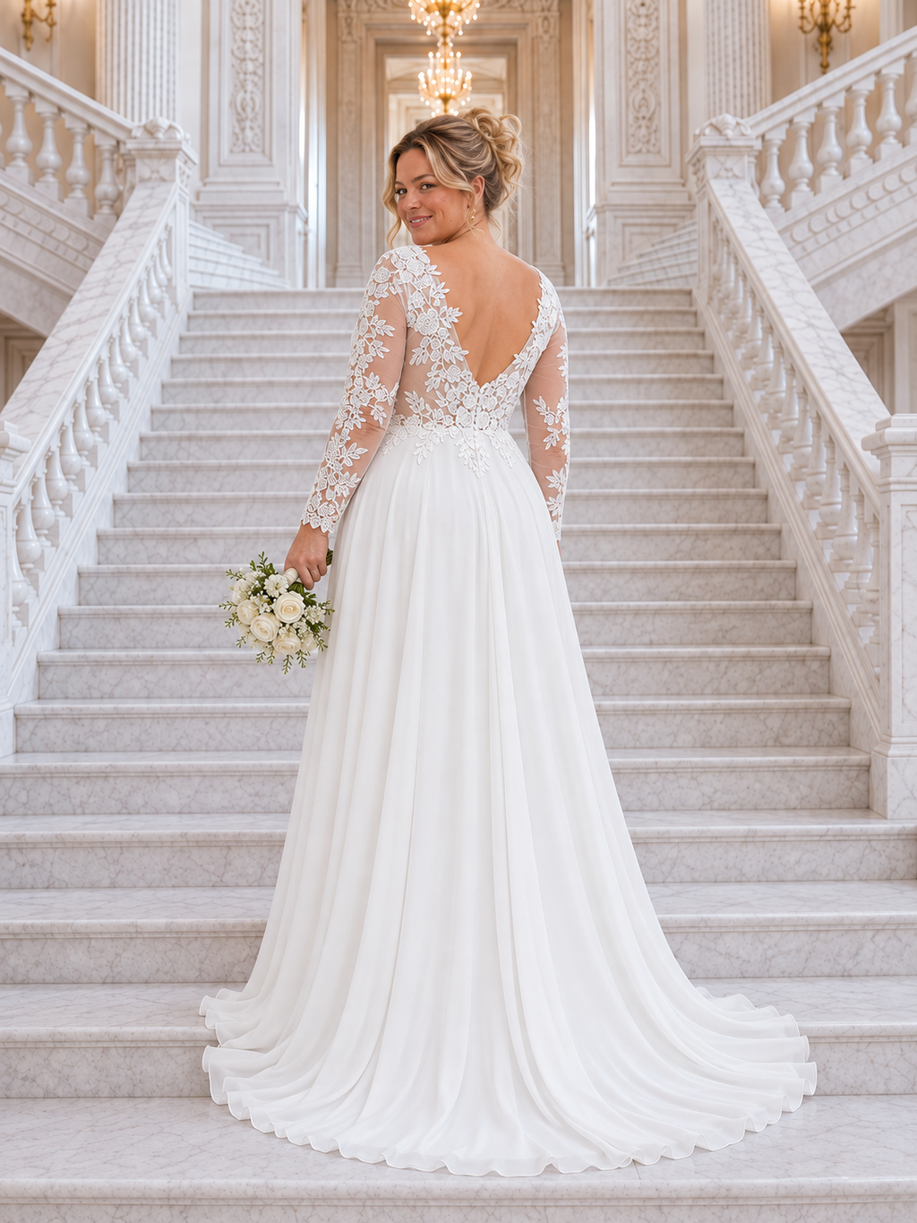 Vestido largo de novia curvy blanco con espalda en V, cuerpo de encaje y manga larga