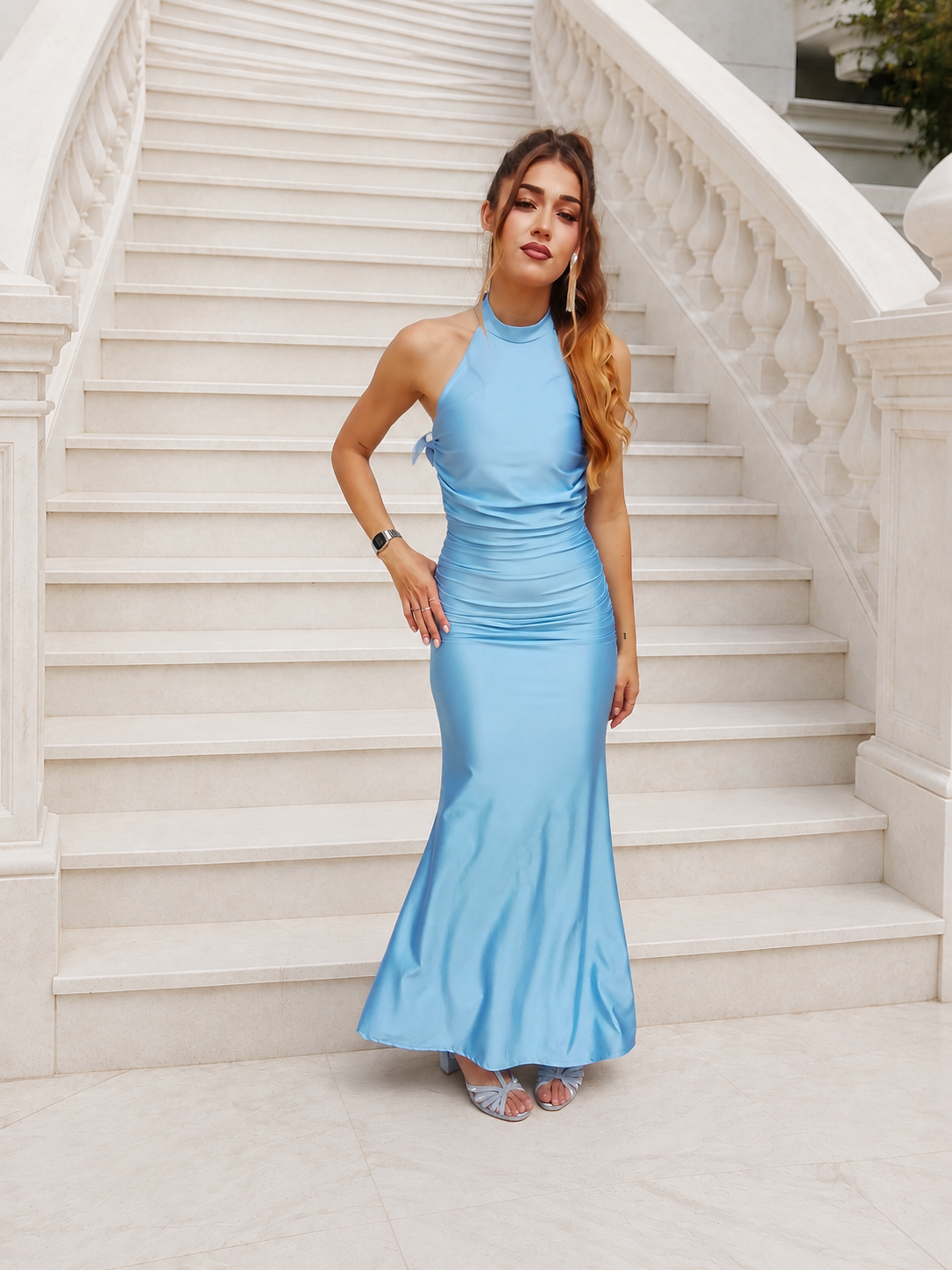 Vestido largo Uxía celeste
