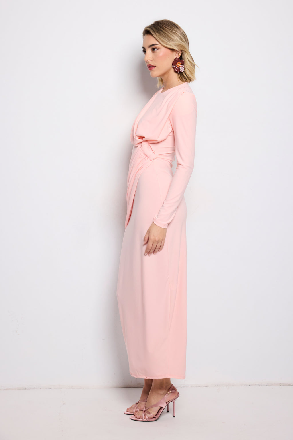 Vestido largo Kai manga larga rosa