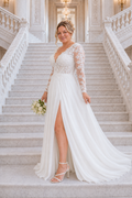 Vestido largo blanco de novia con escote en V tela de gasa con abertura en la pierna y manga larga SXIA