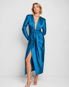 Vestido midi largo Alexandra manga petróleo