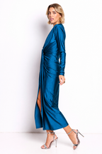 Vestido midi largo Alexandra manga petróleo