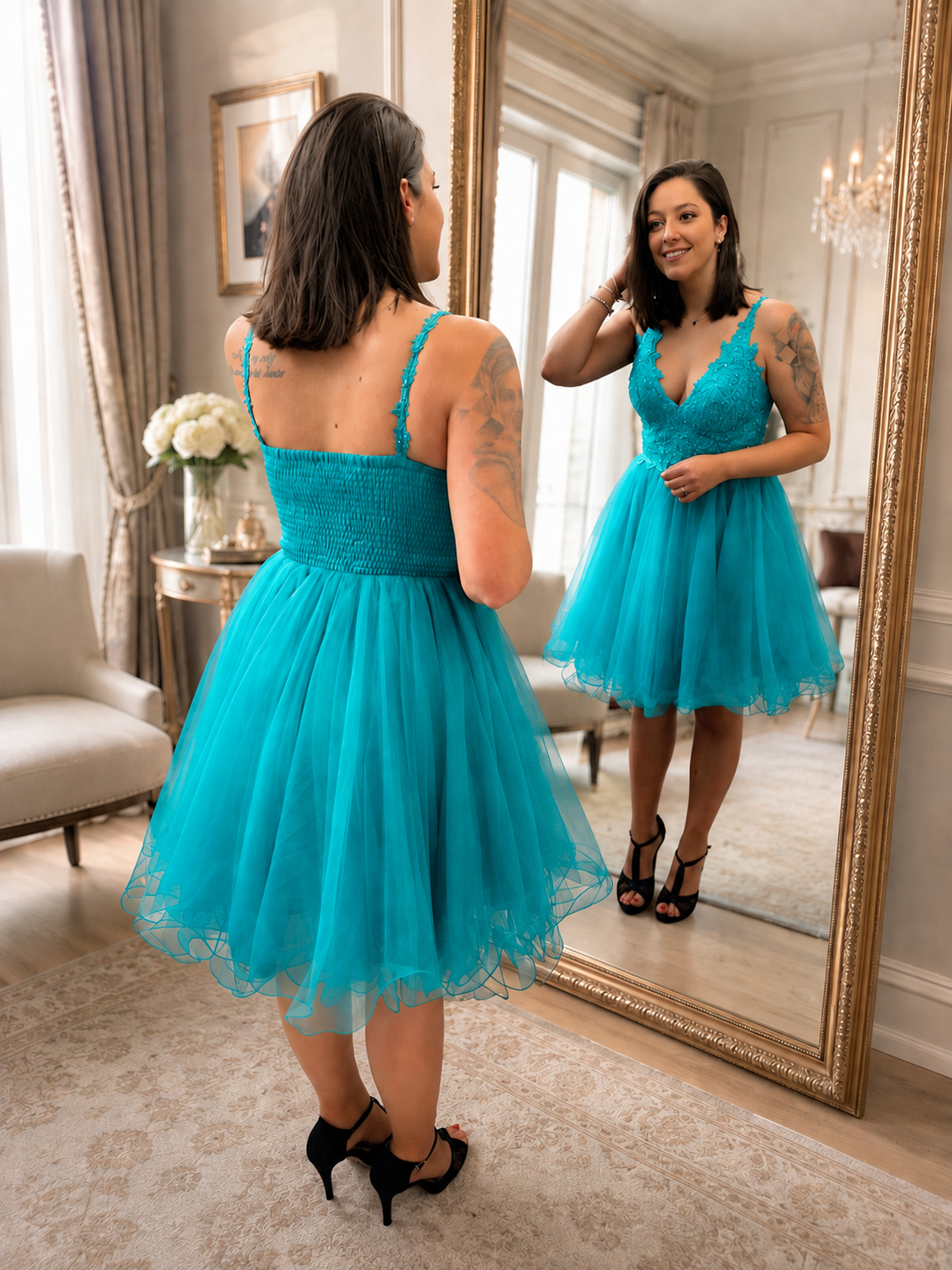 Vestido corto de tul Lluvia Turquesa