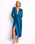 Vestido midi largo Alexandra manga petróleo
