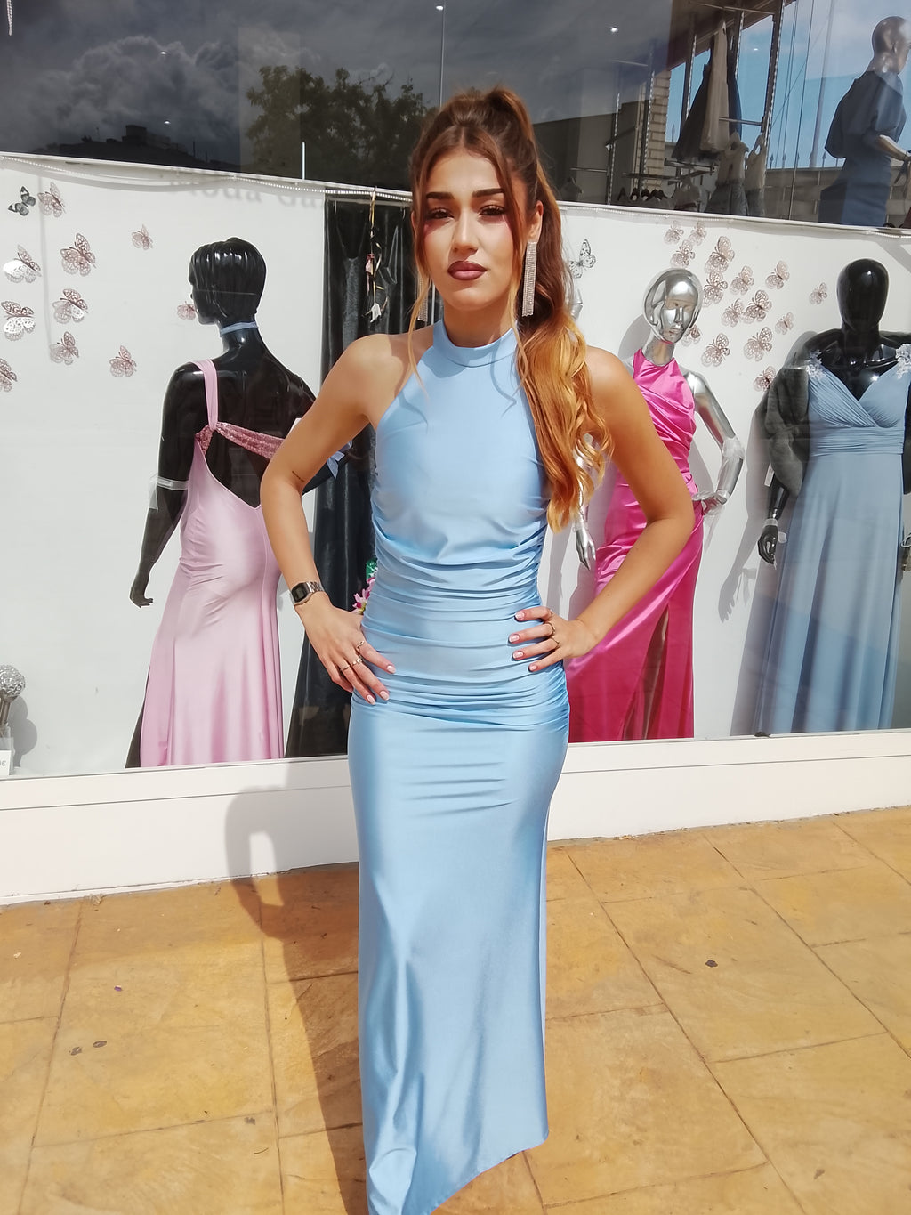 Vestido largo Uxía celeste