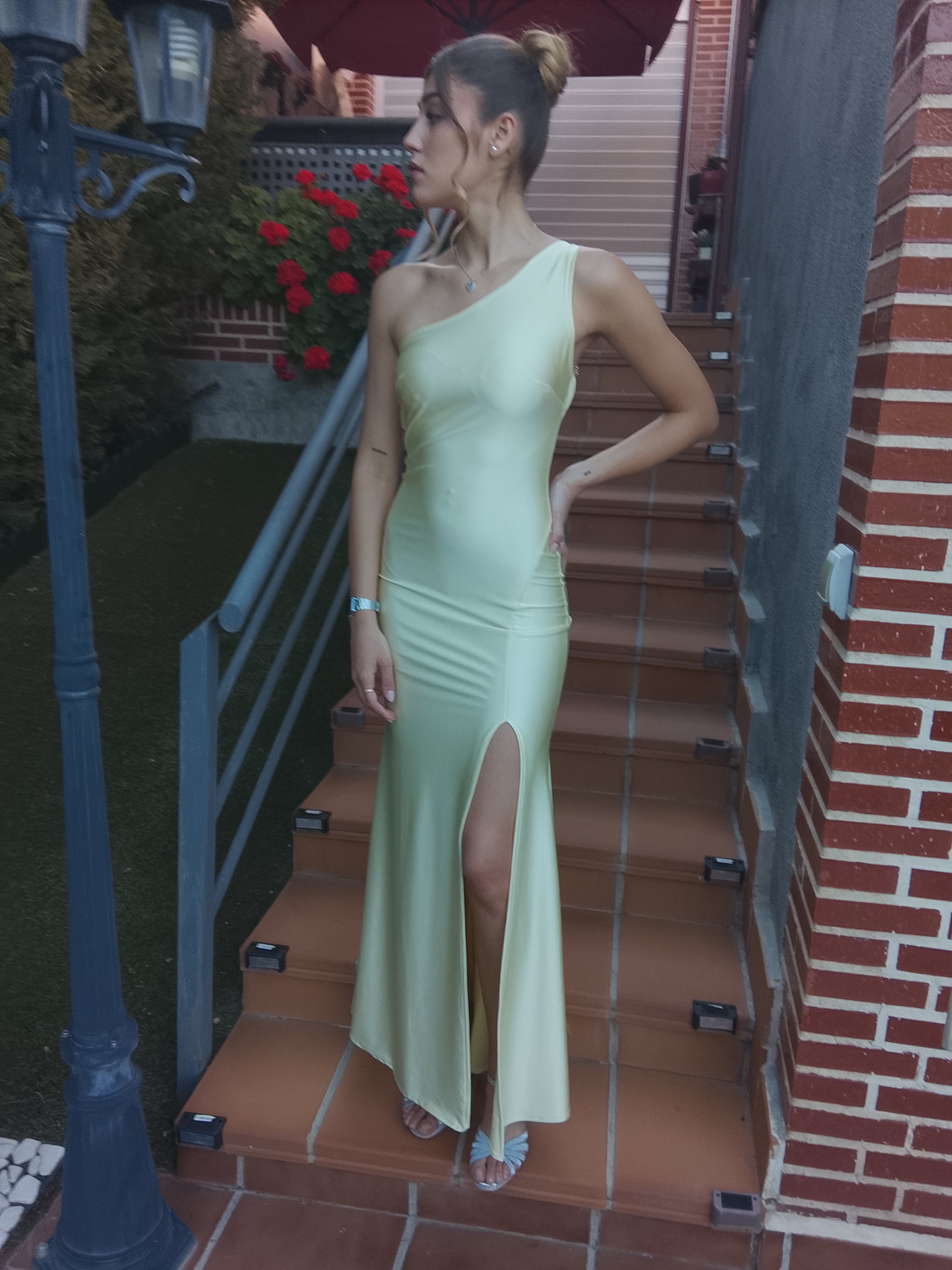 Vestido largo Emilia amarillo y matcha