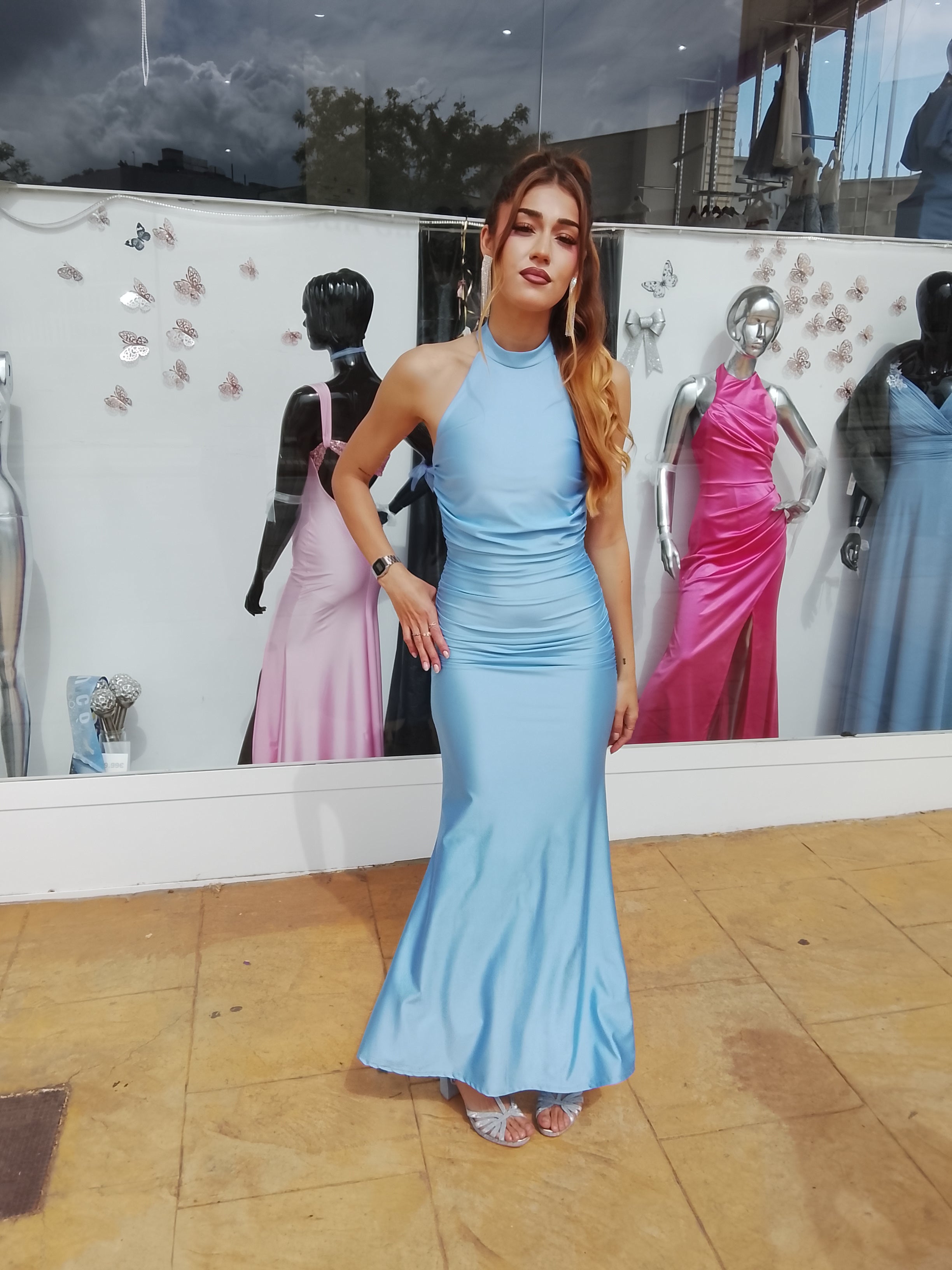 Vestido largo Uxía celeste