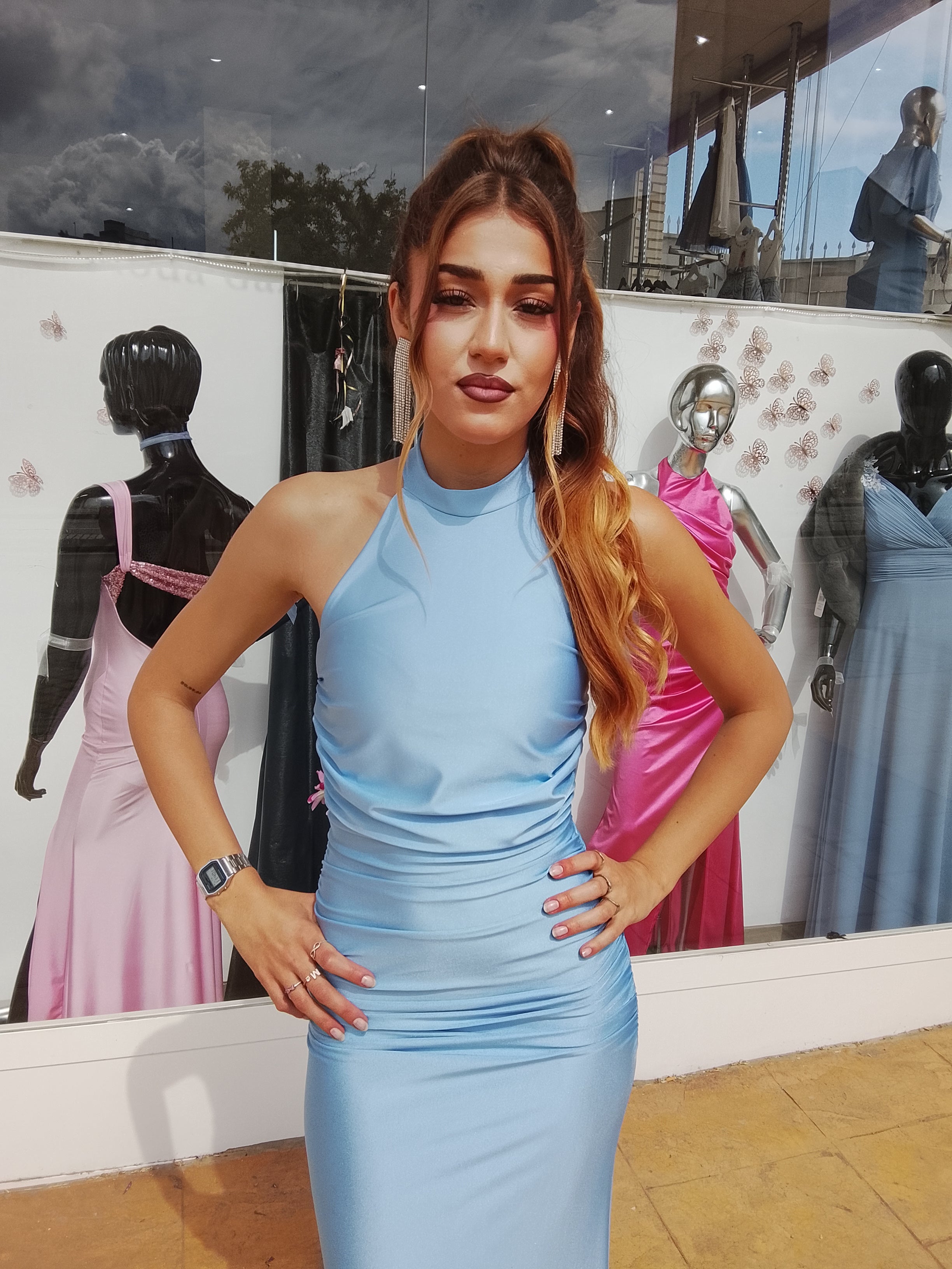 Vestido largo Uxía celeste