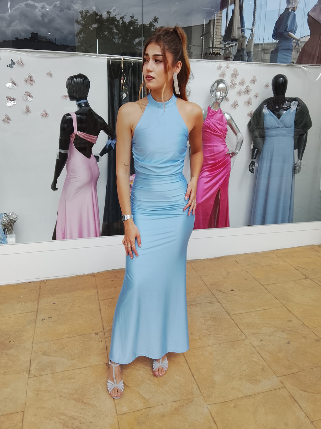 Vestido largo Uxía celeste