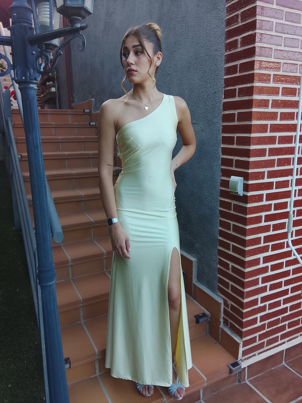 Vestido largo Emilia amarillo y matcha