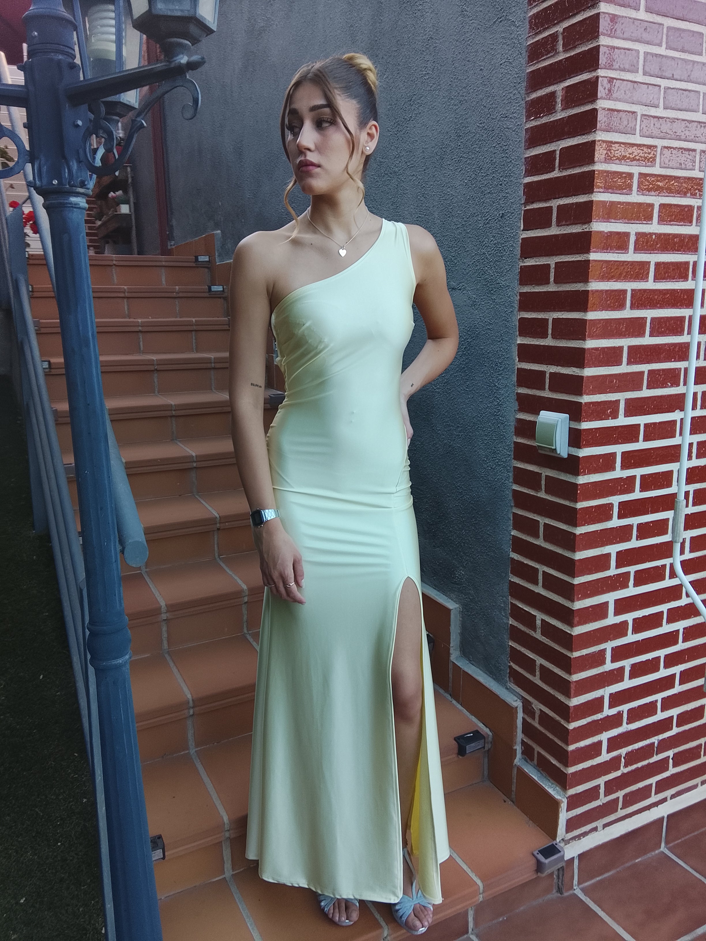 Vestido largo Emilia amarillo y matcha