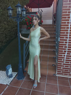 Vestido largo Emilia amarillo y matcha
